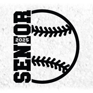 Sports Clipart: Black Half Baseball/Softball with Word "SENIOR" in Varsity Style with Year 2025 Cutout - Digital Download svg png dxf pdf