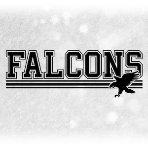 Sports Clipart: Black Bold "Falcons" Team Name in Varsity Style above Stripes with Bird Silhouette Cutout - Digital Download svg png dxf pdf