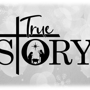 Clipart de férias: presépio negro de Natal - Menino Jesus, Maria, José, Estrela do Norte e "História verdadeira" - Download digital SVG e PNG