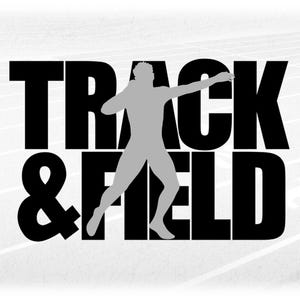 Sports Clipart: Gray Male Shot Put Thrower Overlaid on Black Words "Track & Field" - You Change Color - Digital Download svg png dxf pdf