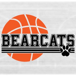 Sports Clipart: Orange Basketball Split with Varsity Style "Bearcats" Team Mascot Name and Paw Silhouette - Digital Download svg png dxf pdf