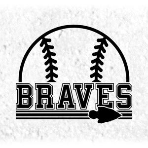 Sports Clipart: Black Half Baseball/Softball with "Braves" Team Mascot Name with Arrowhead Silhouette - Digital Download svg png dxf pdf