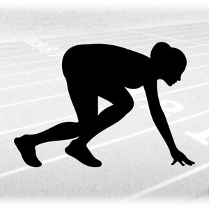 Sports Clipart: Black Silhouette of Female / Girl / Woman Track & Field Runner in Starting Block Stance - Digital Download svg png dxf pdf