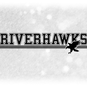 Sports Clipart: Black Bold "RiverHawks" Team Name in Varsity Style above Stripes with Bird Silhouette - Digital Download svg png dxf pdf
