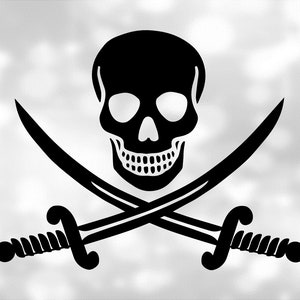 Könnte beinhalten: Eine Schwarzweiß-Illustration eines Totenkopfs mit gekreuzten Knochen. Der Schädel hat ein einfaches Design mit zwei Augenhöhlen und einem zahnigen Grinsen. Die gekreuzten Knochen werden von zwei Schwertern mit gebogenen Klingen gebildet.