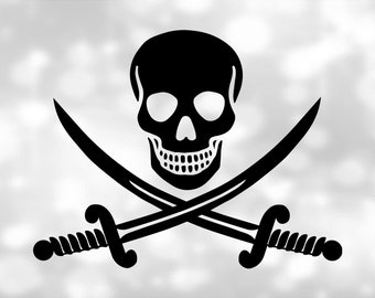 Holiday Clipart: Black Skeleton Head or Human Skull Silhouette with Crossed Pirate Swords Like Jolly Roger Flag - Digital Download SVG & PNG