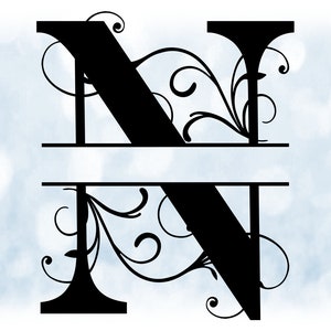 Word Clipart: Split Name Frame Black Formal Style Capital Letter Initial / Monogram "N" w/ Floral Curls/Swirls - Digital Download SVG & PNG