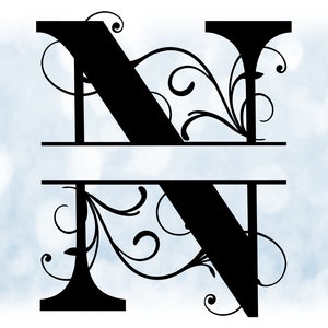 Clipart de palavra: moldura de nome dividida preta estilo formal inicial de letra maiúscula / monograma "N" com cachos florais/redemoinhos - download digital SVG e PNG