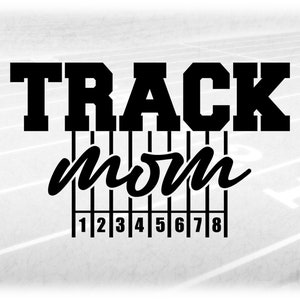 May include: Black and white graphic design with the text "TRACK mom" and a track lane number scale from 1 to 8.