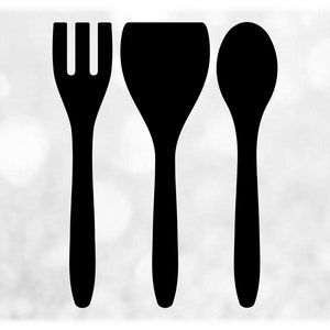 Può includere: Tre utensili da cucina neri: una forchetta, una spatola e un cucchiaio.