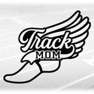 Sports Clipart: Words "Track Mom" in  Script/College Letters Cutout of Wing Running Shoe for Track & Field. Digital Download svg png dxf pdf