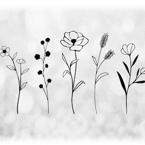 Fleur/Nature Clipart : Silhouette noire simple et mince contours de cinq fleurs sauvages en fleurs dans un patch - téléchargements numériques en svg png dxf pdf