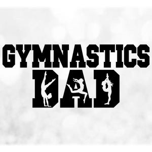 Sports Clipart: Black Varsity Words "Gymnastics Dad" with Female Gymnast Silhouettes Cutout of Letters - Digital Download svg png dxf pdf