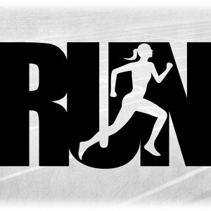 Sports Clipart: Bold Black Word "RUN" with Cutout Silhouette of Female Athlete Running - Track/Cross Country Digital Download SVG & PNG