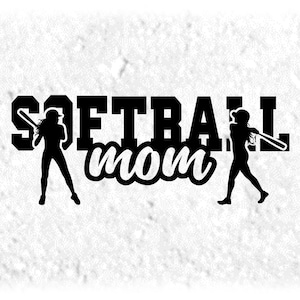 Sports Clipart: Black Varsity Word "Softball" with Script Style Word "Mom" Cutout and Player Silhouettes - Digital Download svg png dxf pdf
