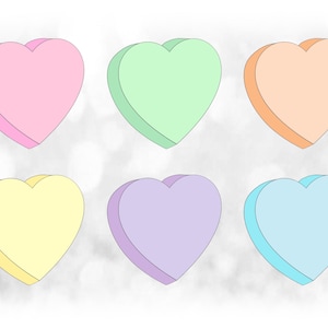 Lot de cliparts vacances : 6 bonbons coeur blanc aux couleurs pastel avec contour gris clair sur une feuille pour l'amour - téléchargement numérique SVG, PNG