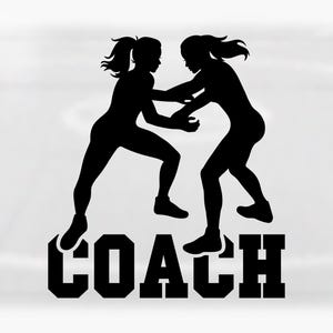 Sports Clipart: Black Female Wrestler SIlhouettes with Bold College Varsity Word "Coach" for Coaches - Digital Download svg png dxf pdf