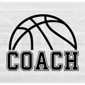 Sports Clipart: Black Bold Half Basketball Silhouette with College Varsity Outline Style Word "Coach"  - Digital Download svg png dxf pdf