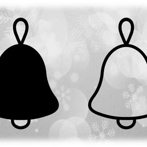 May include: Two black and white outline bells with a loop at the top. The bell on the left is filled in black, while the bell on the right is outlined in black.