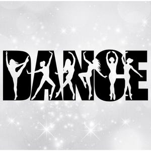 Sports Clipart: Black Bold Word "Dance" with Many Different Dancer / Ballerina Silhouettes Cut Out - Digital Download svg png dxf pdf