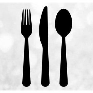Clipart de forma: Silhueta sólida preta simples e fácil de garfo, faca e colher Utensílios para comer para tema de cozinha - Download digital svg png dxf pdf