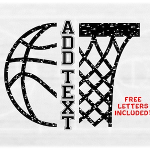 Sports Clipart: Black Distressed Half Basketball & Half Hoop with Net Split Name Frame - Add Your Text - Digital Download svg png dxf pdf