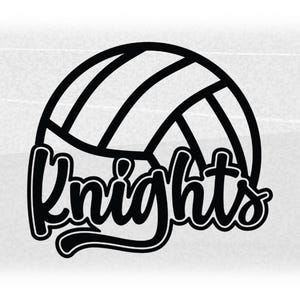 Puede incluir: Diseño gráfico en blanco y negro de un balón de voleibol con la palabra "Knights" escrita en una fuente estilizada.