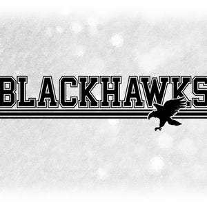 Sports Clipart: Black Bold "BlackHawks" Team Name in Varsity Style above Stripes with Bird Silhouette - Digital Download svg png dxf pdf