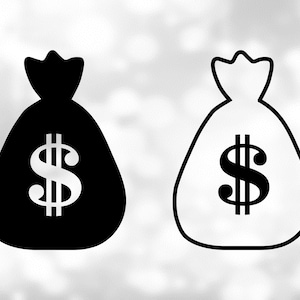 Clipart de forma: Saco de dinheiro simples e fácil de desenho animado, saco de banco, saco de dólares em formato preto sólido e contorno - download digital SVG e PNG