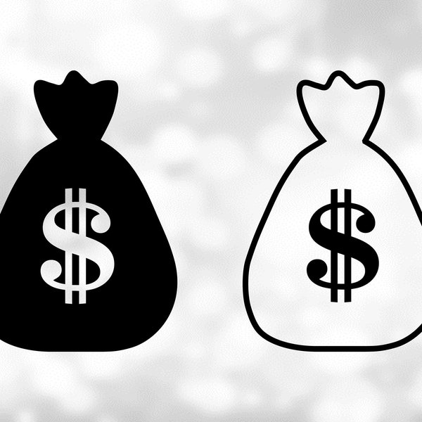 Shape Clipart: Simple Easy Cartoon Money Bag, Bank Bag, Bag of Dollars in Both Black Solid and Outline Formats - Digital Download SVG & PNG