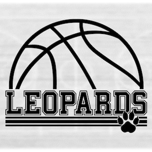 Sports Clipart: Black Half Basketball with "Leoopards" Team Name Varsity Style with Paw Silhouette Cutout - Digital Download svg png dxf pdf