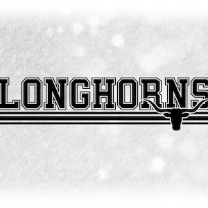 May include: Black and white graphic of the word "Longhorns" with a stylized longhorn bull head underneath. The word is in a bold, blocky font with three black stripes underneath.