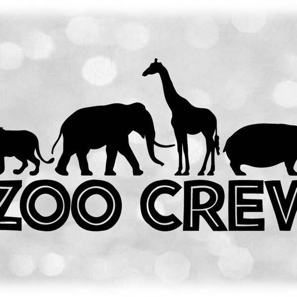 Animal Clipart: Black Tribal Style Words "Zoo Crew" with Animals - Lion, Elephant, Giraffe, Hippopotamus - Digital Download svg png dxf pdf