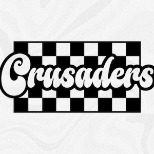 Sports Clipart: Team Mascot Name "Crusaders" in Groovy Retro Style Cutout of Black Checkered Background - Digital Download svg png dxf pdf