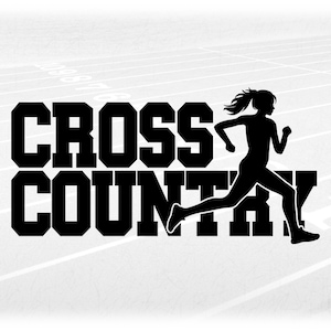 Sports Clipart: Black Varsity Words "Cross Country" with Silhouette of Female / Girl Runner Knocked Out - Digital Download svg png dxf pdf