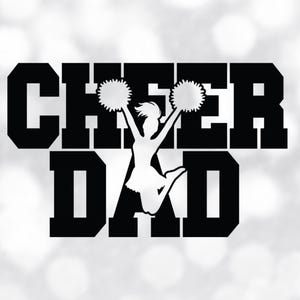 Sports Clipart: Black Words "Cheer Dad" with Jumping Cheerleader Silhouette and Two Pom Poms Cutout - Digital Download svg png dxf pdf