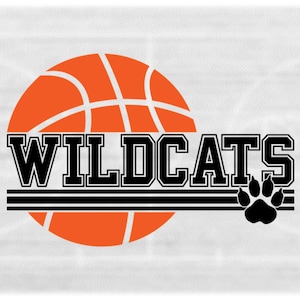 Sports Clipart: Orange Basketball Split with Varsity Style "Wildcats" Team Mascot Name and Paw Silhouette - Digital Download svg png dxf pdf