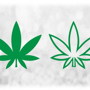 Puede incluir: Dos ilustraciones de hojas de cannabis verdes. Una está llena de un color verde sólido, y la otra es un contorno.
