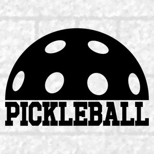 Sports Clipart: Black College/Varsity Style Word "Pickleball" and Half Ball with Holes for Players / Fans - Digital Download svg png dxf pdf