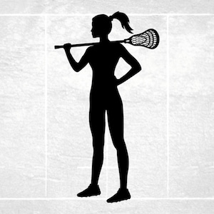 Sports Clipart: Black Female / Woman / Girl Lacrosse Player Silhouette Standing with Stick on Shoulder - Digital Download svg png dxf pdf