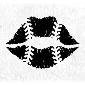 Peut inclure: Silhouette noire et blanche d'une paire de lèvres avec un motif de points de suture de baseball.