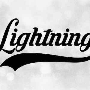 以下が含まれることがあります： ヴィンテージの野球チームのフォントで「Lightning」という言葉の白黒のグラフィックデザイン