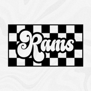Sports Clipart: Team Mascot Name "Rams" in Groovy Retro Style Cutout of Black Checkered Background - Digital Download svg png dxf pdf