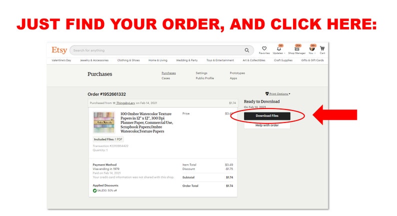 May include: Etsy order confirmation page showing a digital download of 100 watercolor texture papers in 12" x 12" at 300 dpi. The order is ready to download and the button to download the files is highlighted in red.