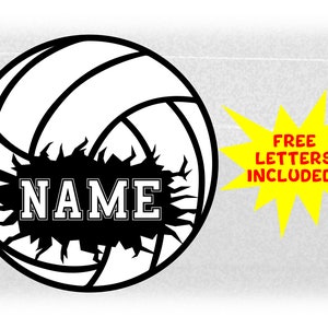May include: Black and white volleyball graphic with a jagged edge, the word "NAME" in white text inside the jagged edge. A yellow starburst with the text "FREE LETTERS INCLUDED!" in red text.