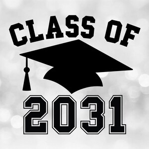 Educational Clipart: Black Class of 2031 Arched College Style Letters with Graduation Cap and Tassel - Digital Download svg png dxf pdf