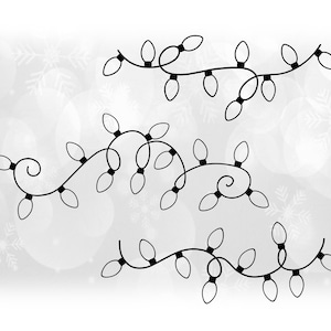 May include: Three black and white illustrations of string lights with bulbs. The lights are arranged in a curved pattern, resembling a garland. The background is a white and gray gradient with a snowflake pattern.