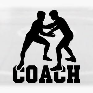 Sports Clipart: Black Male Wrestler SIlhouettes with Bold College Varsity Word "Coach" for Coaches - Digital Download svg png dxf pdf