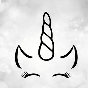 Animal Clipart: Einfaches Einfaches Schwarzes Einhorn Gesicht Outline mit Horn, Ohren und glücklich geschlossenen Augen mit Wimpern - Digital Download SVG & PNG