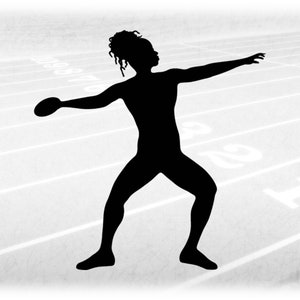Sports Clipart: Black Silhouette of Female/Woman/Girl Thrower w/ Curls/Locs and Discus for Track & Field - Digital Download svg png dxf pdf